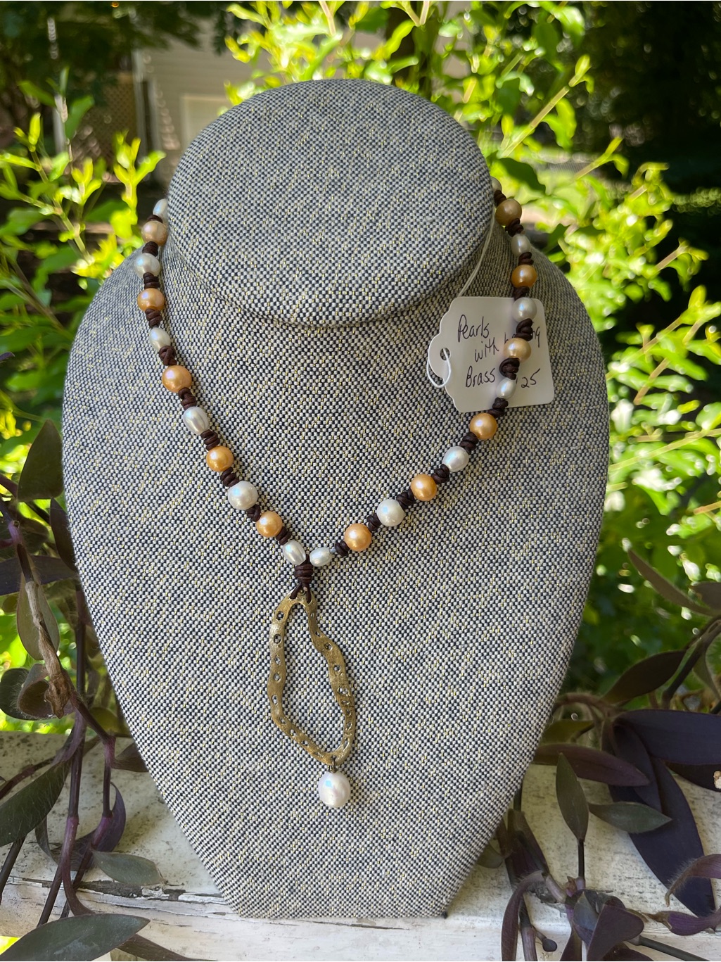 Hand Crafted Freshwater Pearls On Leather Cord With Brass Pendant